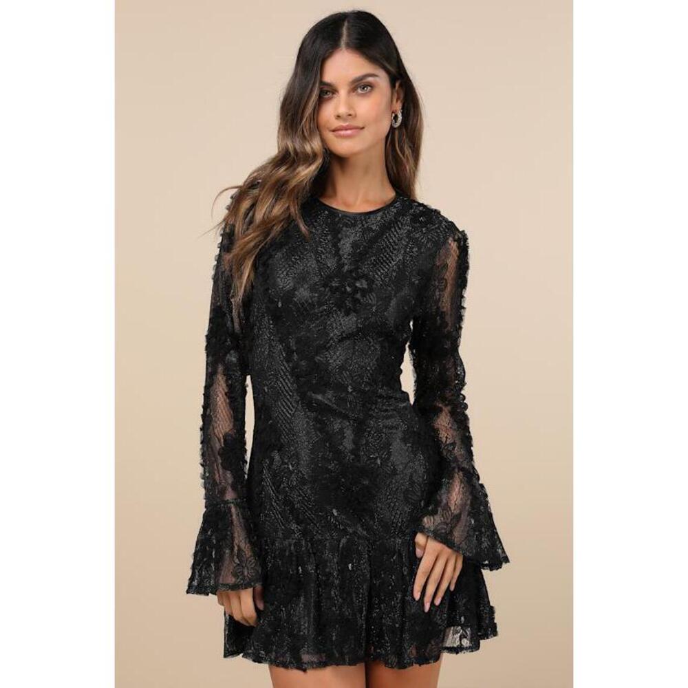 NWT Lulus Darling Era Black Lace Applique Long Sleeve Ruffled Mini Dress Size M